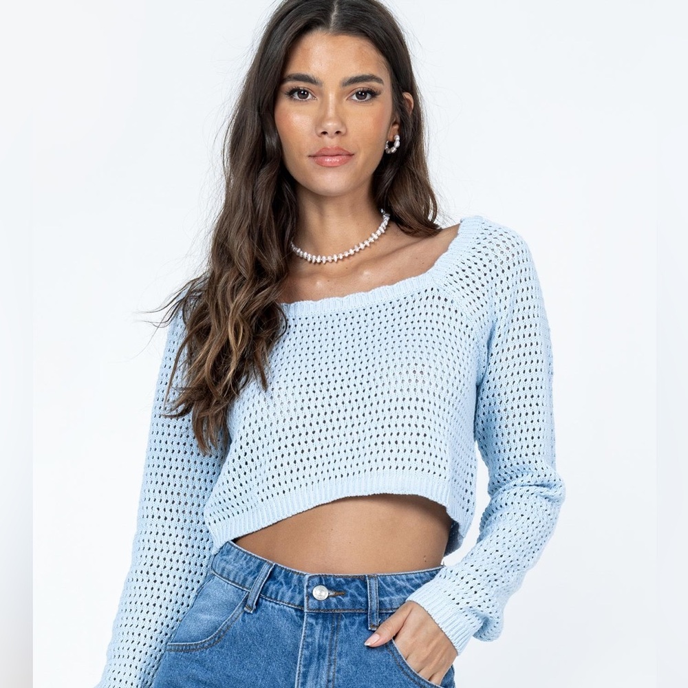 Princess Polly Light Blue Cropped Knit Scoop Neck Sweater